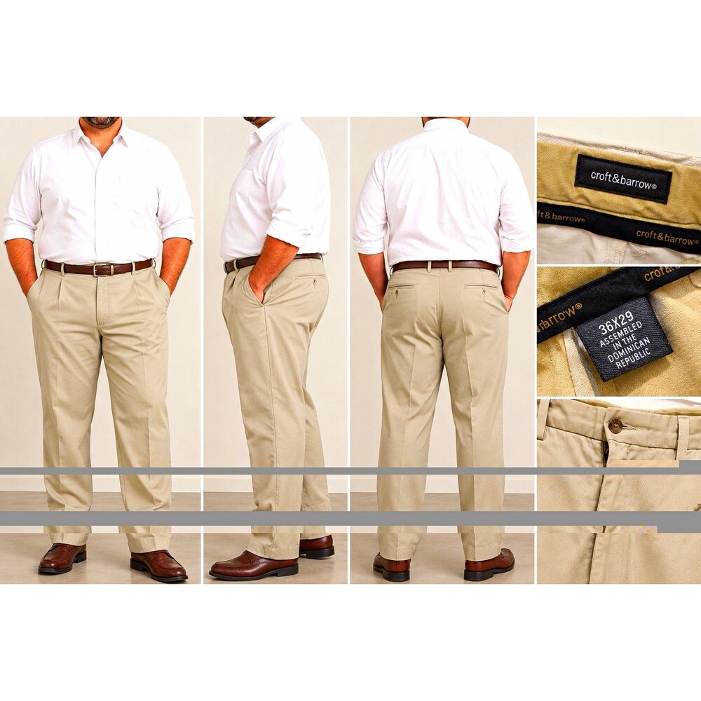 Croft & Barrow Men 36 Cotton Khaki Pants Straight Leg Classic Fit Flat Front